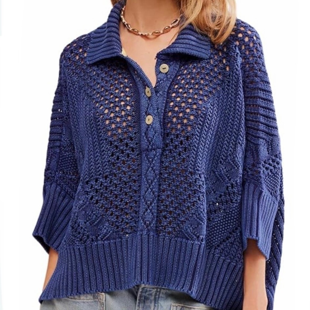 Free People Blue Cotton Open Knit Crochet Cable Sweater Collared Button Large